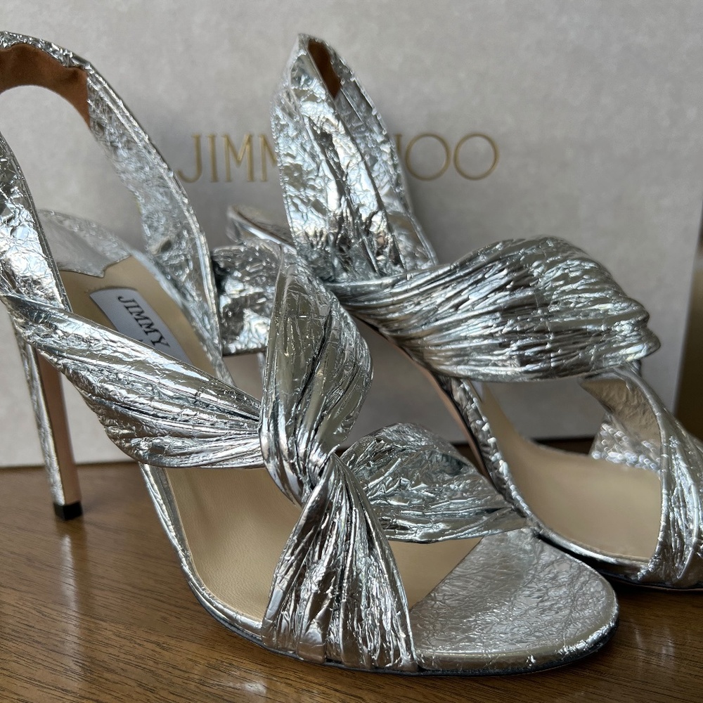 Authentic JIMMY CHOO Laila 100 Metallic Silver Sandals
